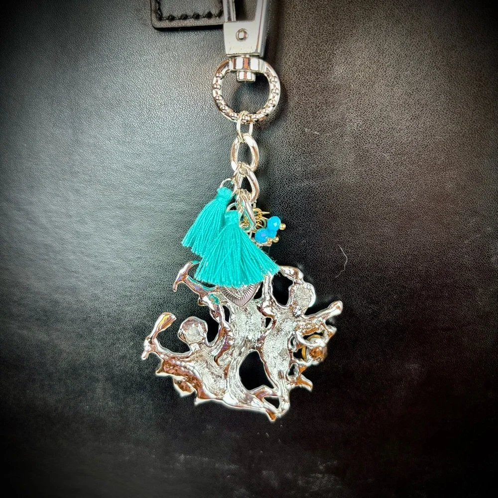 Silver Cherub‎ Keychain with Teal Tassels & Rhinestone Accents Hand Crafted